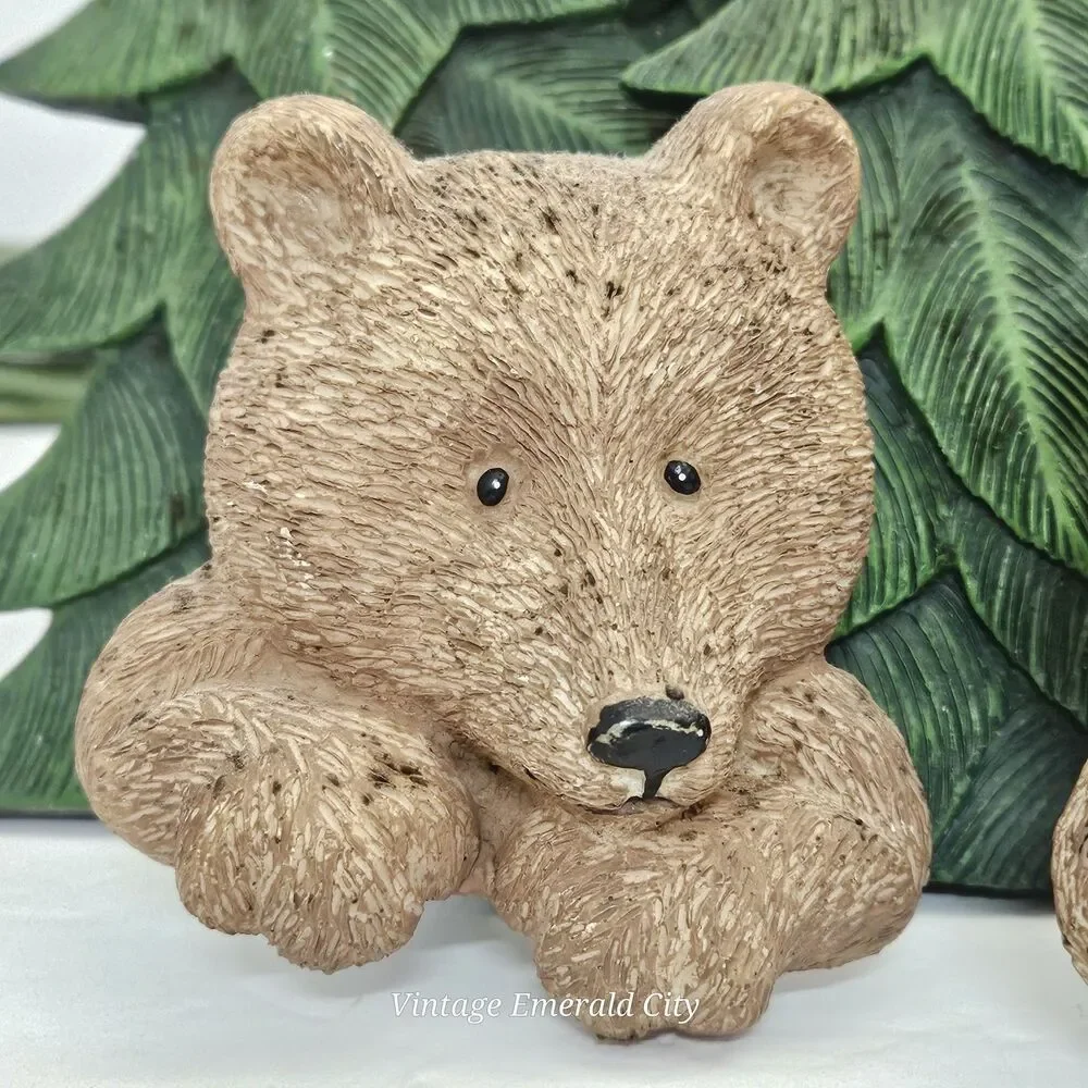 Vtg 3D Resin Brown Bear Pine Tree Towel Holder Hooks Rustic Cabin decor Set of 2